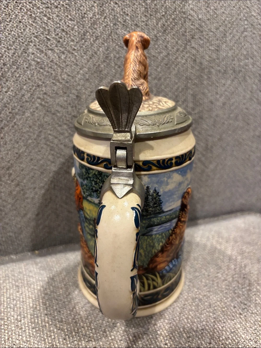Decorative Ceramic Dog-Themed Beer Stein in Brown and Blue